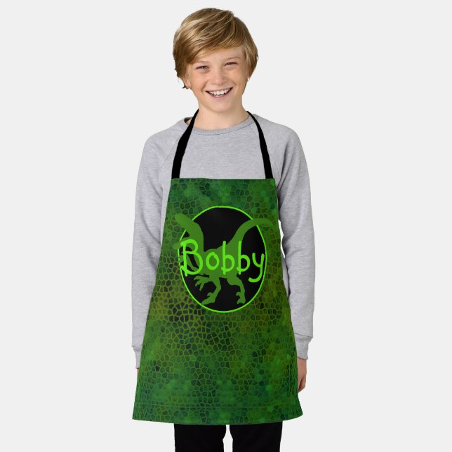 Personalised Green Dinosaur Hide Kids Print Apron (Worn)
