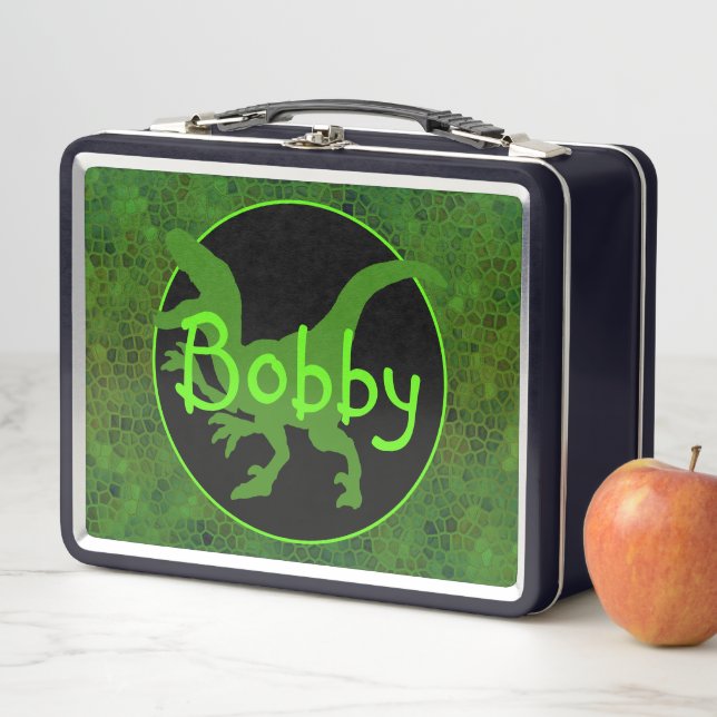 Personalised Green Dinosaur Hide Metal Lunch Box (In Situ)