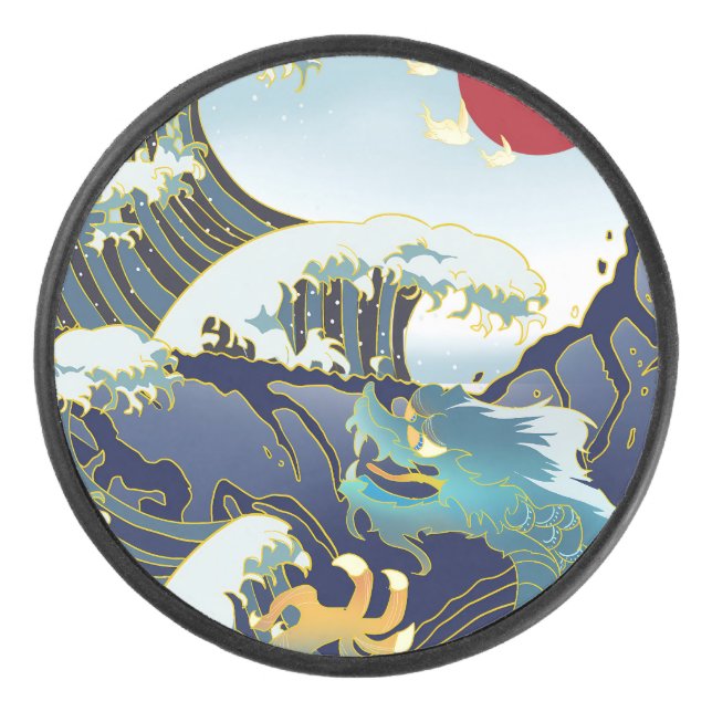 Personalised Green Dragon Blue Wave Red Sun Hockey Puck (Front)