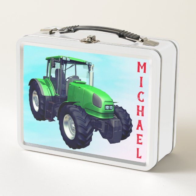 Personalised Green Farm Tractor Metal Lunch Box (Front)