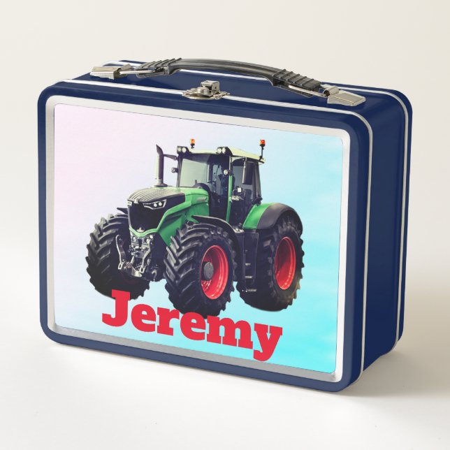 Personalised Green Farm Tractor Metal Lunch Box (Front)