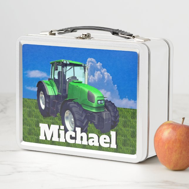 Personalised Green Farm Tractor Metal Lunch Box (In Situ)