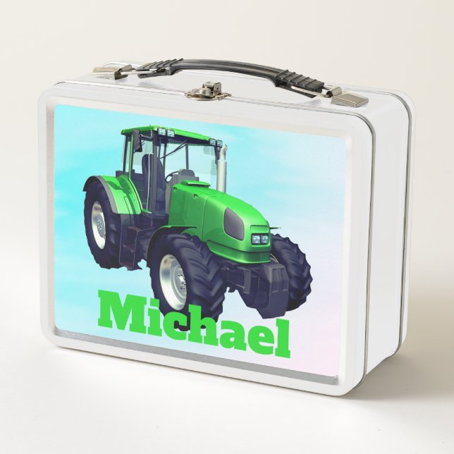 Personalised Green Farm Tractor Metal Lunch Box (Front)