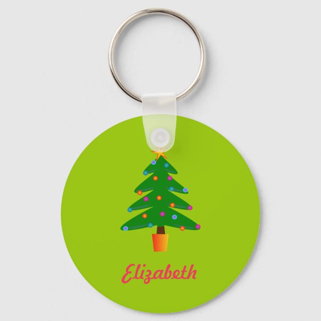 Personalised Green Festive Christmas Tree Key Ring (Front)