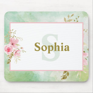 Personalised Green Floral with Name and Monogram Mouse Pad