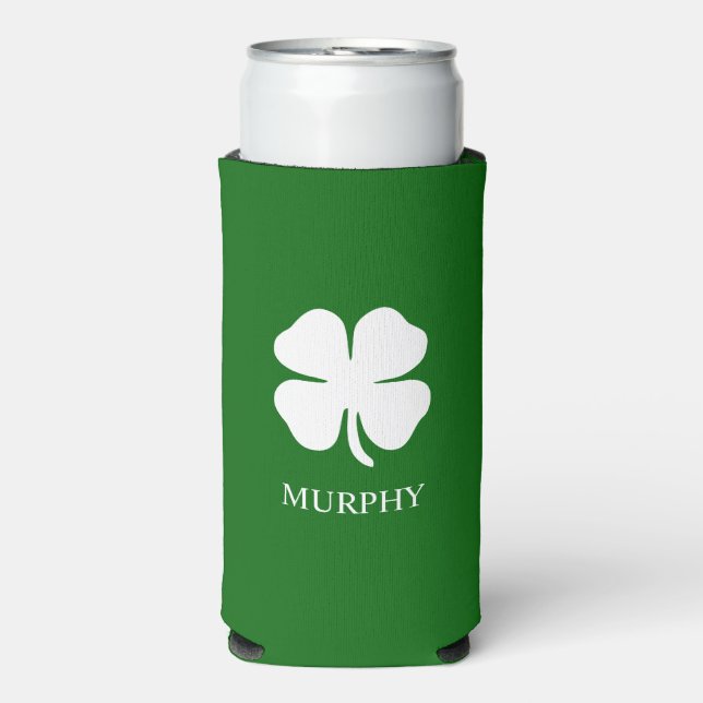 Personalised Green Four Leaf Clover Irish  Seltzer Can Cooler (Seltzer Front)