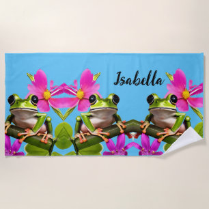Personalised Green Frog Surrounded by Pink Flowers Beach Towel