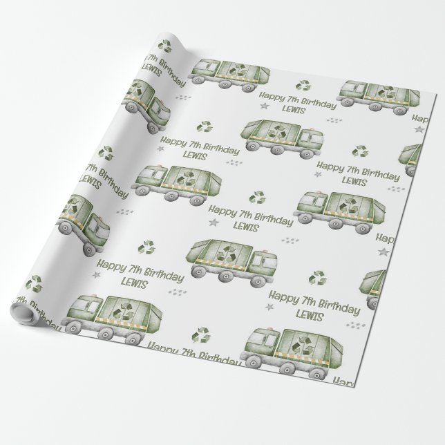 Personalised Green Garbage Truck Birthday Party  Wrapping Paper (Personalized Green Garbage Truck Birthday Party Wrapping Paper)
