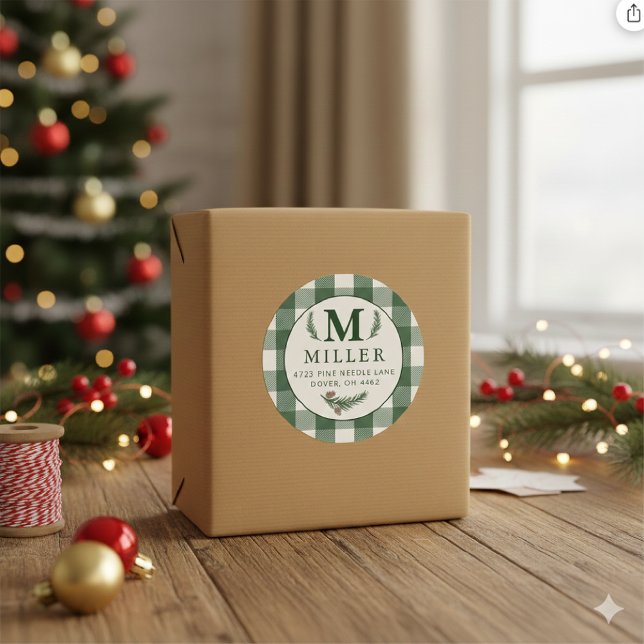 Personalised Green Gingham Christmas Monogram Classic Round Sticker (Creator Uploaded)