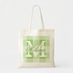Personalised green gingham monogram tote bag