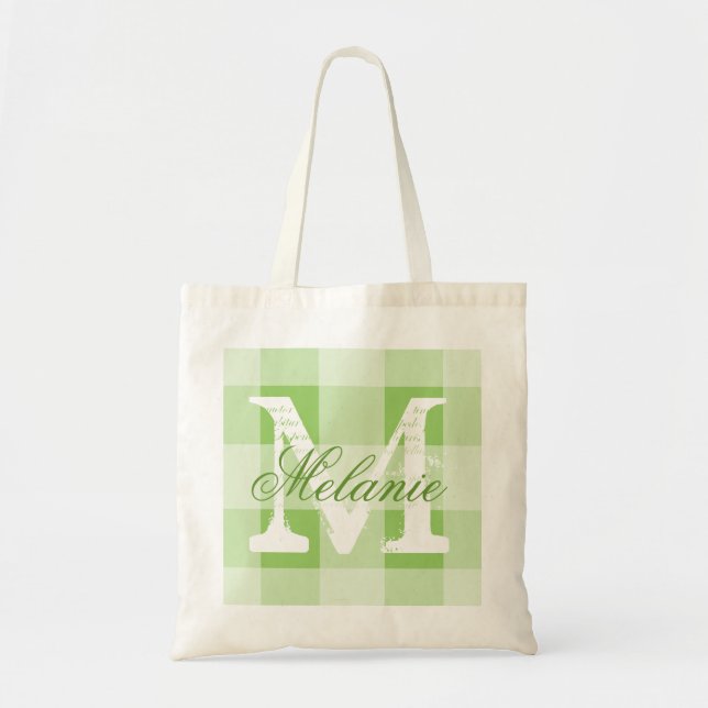 Personalised green gingham monogram tote bag (Front)