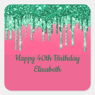 Personalised Green Glitter Drips Pink Party Square Sticker