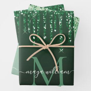 Personalised Green Glitter Drips Wrapping Paper Sheet