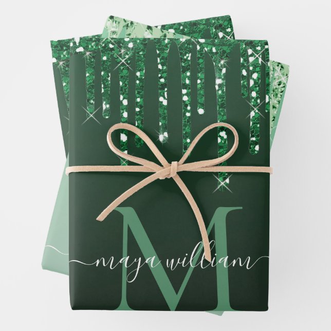 Personalised Green Glitter Drips  Wrapping Paper Sheet (In situ)