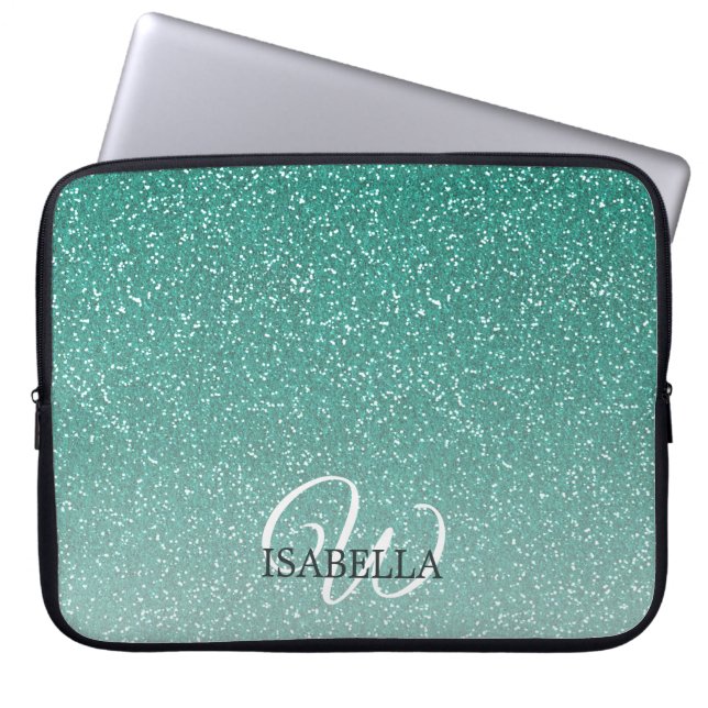 Personalised Green Glitter Ombre Name Monogram Laptop Sleeve (Front)