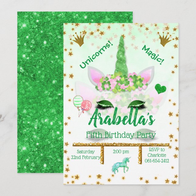 Personalised Green Glitter Unicorn Birthday  Invitation (Front/Back)