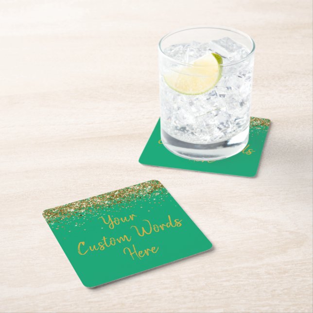 Personalised Green Gold Birthday Party Anniversary Square Paper Coaster (Insitu)