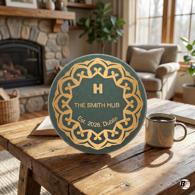 Personalised Green & Gold Mandala "The Smith Hub", Coaster (Creator Uploaded)