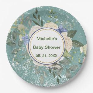 Personalised Green Grey White Florals Paper Plate
