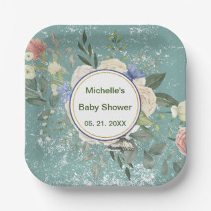 Personalised Green Grey White Florals Square Paper Plate