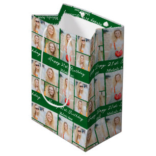 Personalised Green Happy Birthday Photo Collage Medium Gift Bag