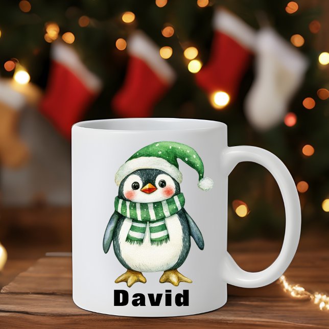 Personalised Green Hat Penguin Custom Name Mug (Personalized Green Hat Penguin Custom Name Mug)