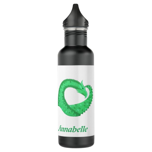 Personalised green heart dragon on white 710 ml water bottle (Left)