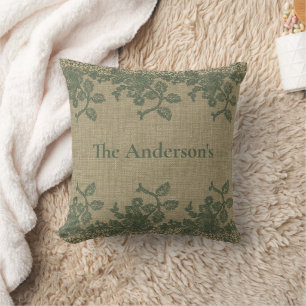 Personalised Green Leaves Lace Tan Rustic Country Cushion