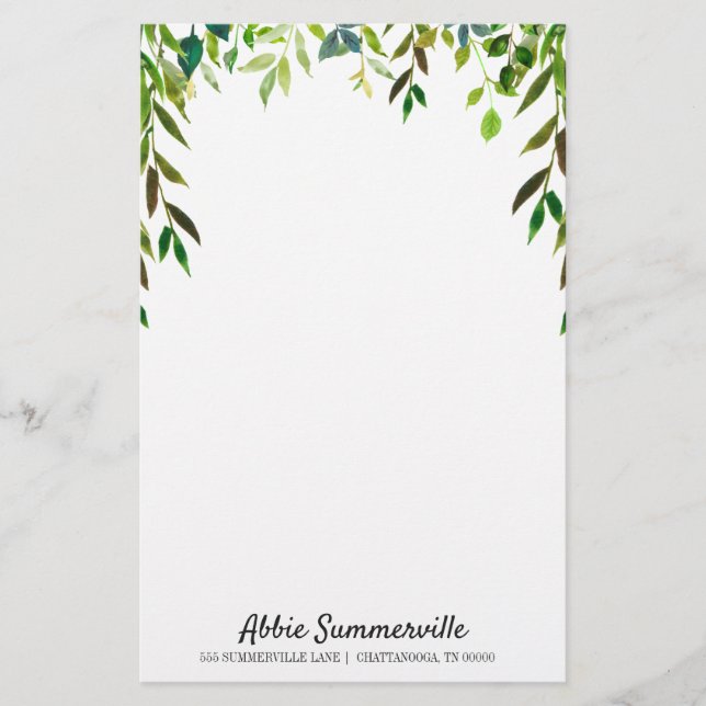 Personalised Green Leaves on White Unlined Stationery (Front)
