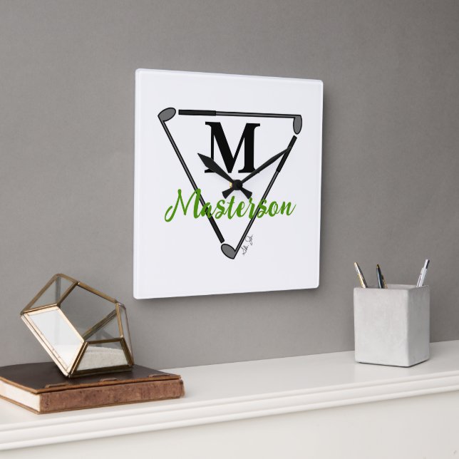 Personalised Green Monogram/Name Unique Golf Clubs Square Wall Clock (Office)