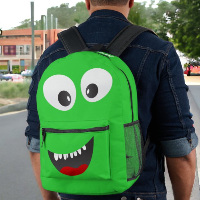 Personalised Green Monster Fun Printed Backpack (Personalized Green Monster Fun Printed Backpack from Ricaso. Bright green novelty monster face bag )