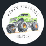 Personalised Green Monster Truck Birthday Gift Classic Round Sticker<br><div class="desc">Delight your kids this birthday with personalised stickers! Featuring a whimsical,  watercolor green monster,  these stickers will make your children's birthday dreams come true. Personalised with your child's name!</div>