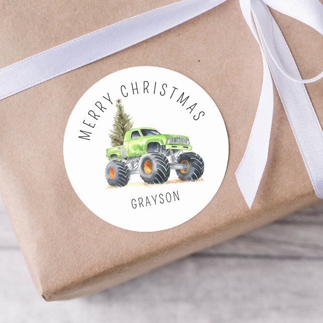 Personalised Green Monster Truck Christmas Gift Classic Round Sticker (Creator Uploaded)