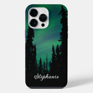Personalised Green Northern Lights Forest iPhone 14 Pro Max Case