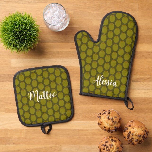 Personalised green olive kitchen oven mitt & pot holder set (Top Down)