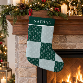 Personalised Green Patchwork Family Holiday Decor Small Christmas Stocking