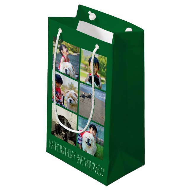 Personalised Green Photo Mosaic Picture Collage Small Gift Bag (Front Angled)