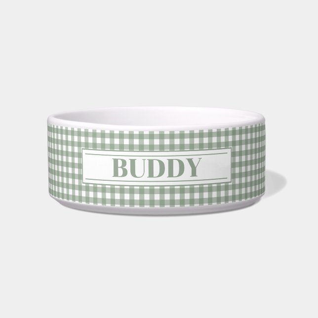 Personalised Green Plaid Dog Name Bowl (Front)
