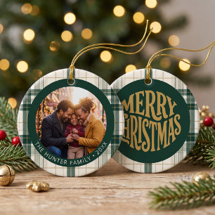 Personalised Green Plaid Family Photo Ceramic Ornament