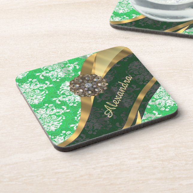 Personalised green pretty girly damask pattern coaster (Left Side)