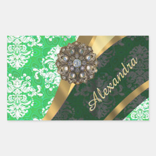 Personalised green pretty girly damask pattern rectangular sticker