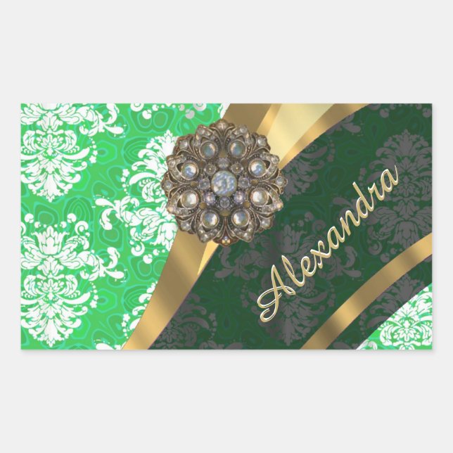 Personalised green pretty girly damask pattern rectangular sticker (Front)