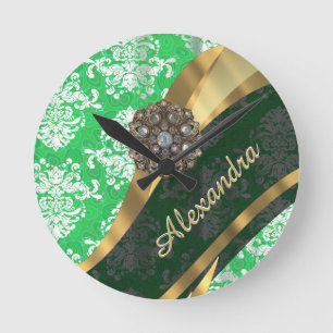 Personalised green pretty girly damask pattern round clock