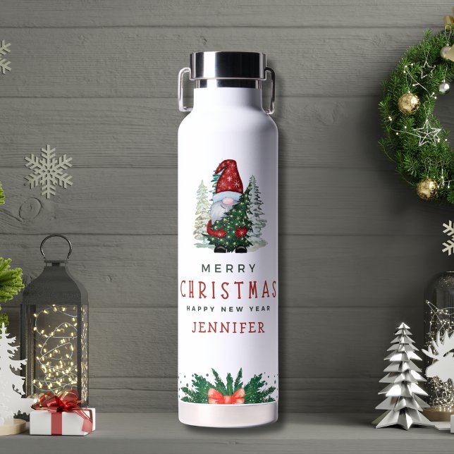 Personalised Green Red Modern Merry Christmas Water Bottle (Creator Uploaded)