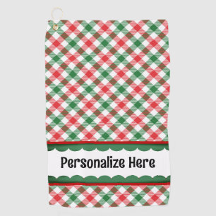 Personalised Green Red White Plaid Check Golf Towel
