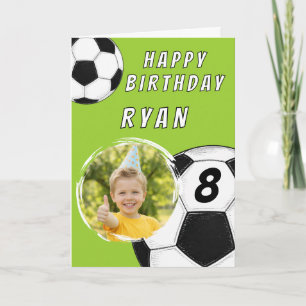 Personalised Green Soccer Boy Photo Birthday Card