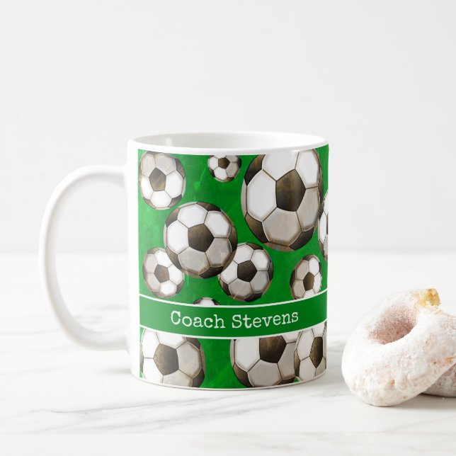 Personalised Green Soccer Field | Soccer Balls Coffee Mug (With Donut)