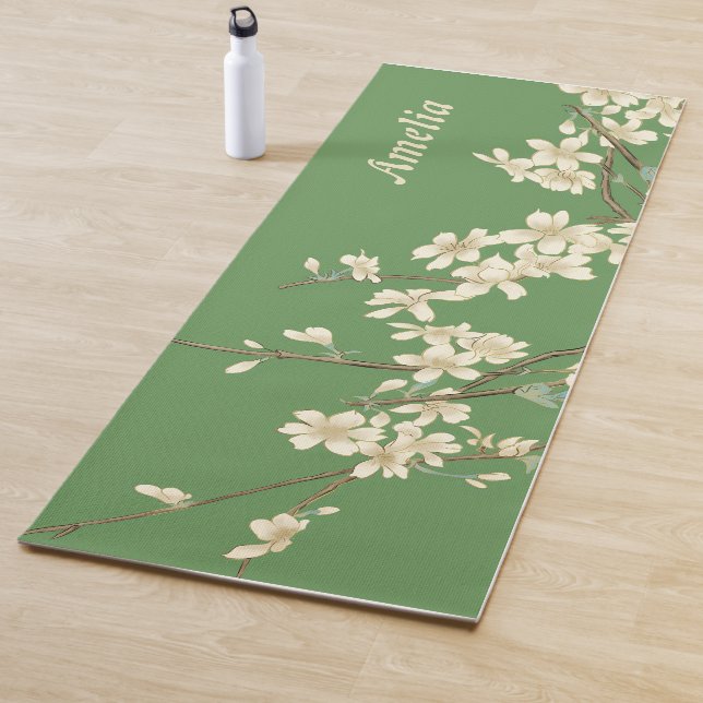 Personalised Green Spring Flowers Add Name Yoga Mat (In Situ)