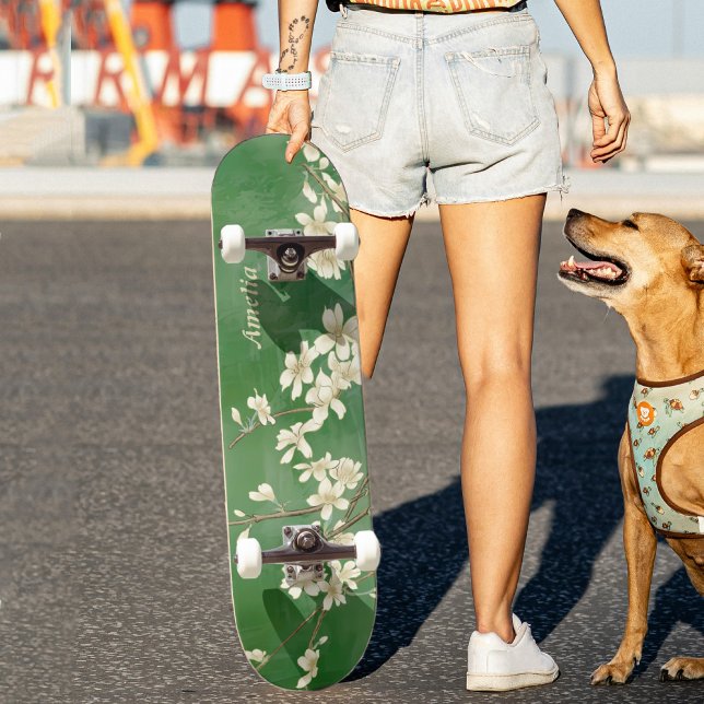 Personalised Green Spring White Flowers Skateboard (Creator Uploaded)