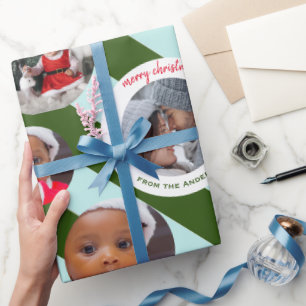 Personalised Green Stripe Fab Three Photo Xmas Wrapping Paper